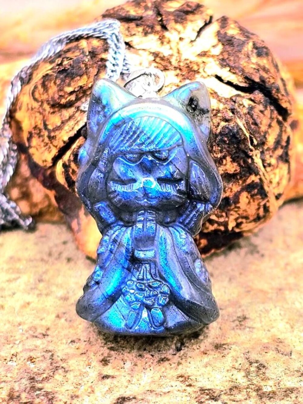 Natural Labradorite Praying Cat Demi‑Human Pendant Necklace • Flashy Labradorite